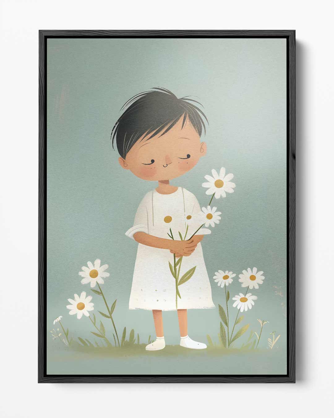 Dromerig Kind met Madeliefjes – portret kunstwerk als wanddecoratie