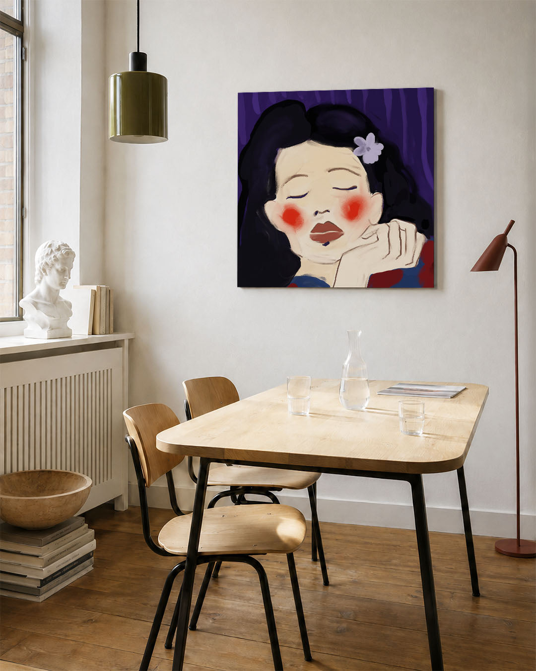 Dromerige vrouw kunstwerk – vierkante wanddecoratie – dit werk toont een serene vrouw met gesloten ogen, omlijst door zachte
