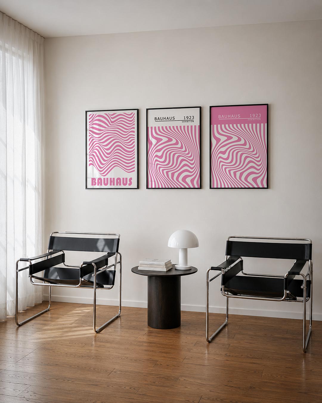 Golvend lijnenspel posterset – derde productweergave – deze posterset in drie delen toont vloeiende roze lijnen die ritmisch