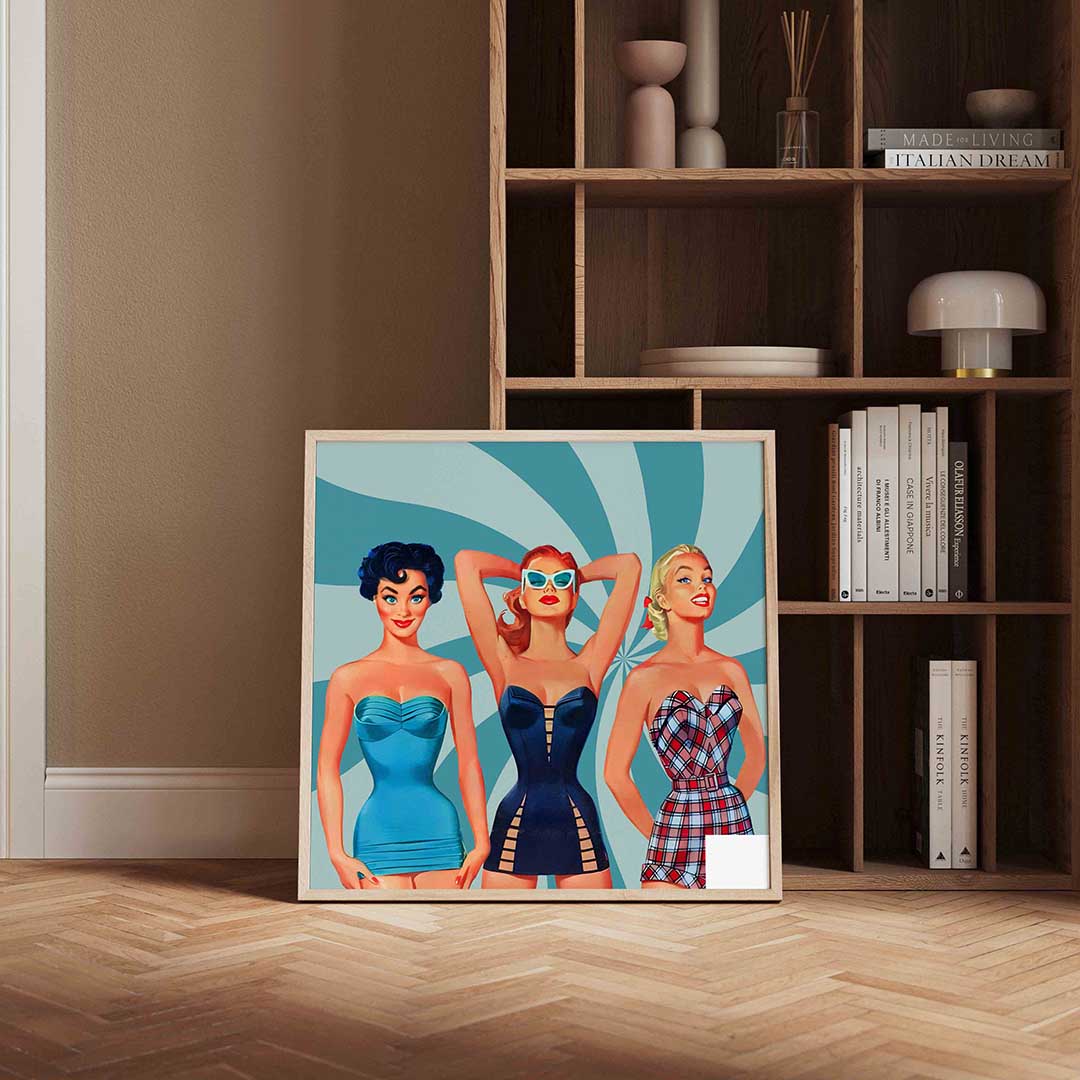 Drie vrouwen in badkleding – kleurrijke Pop Art poster in vierkant formaat