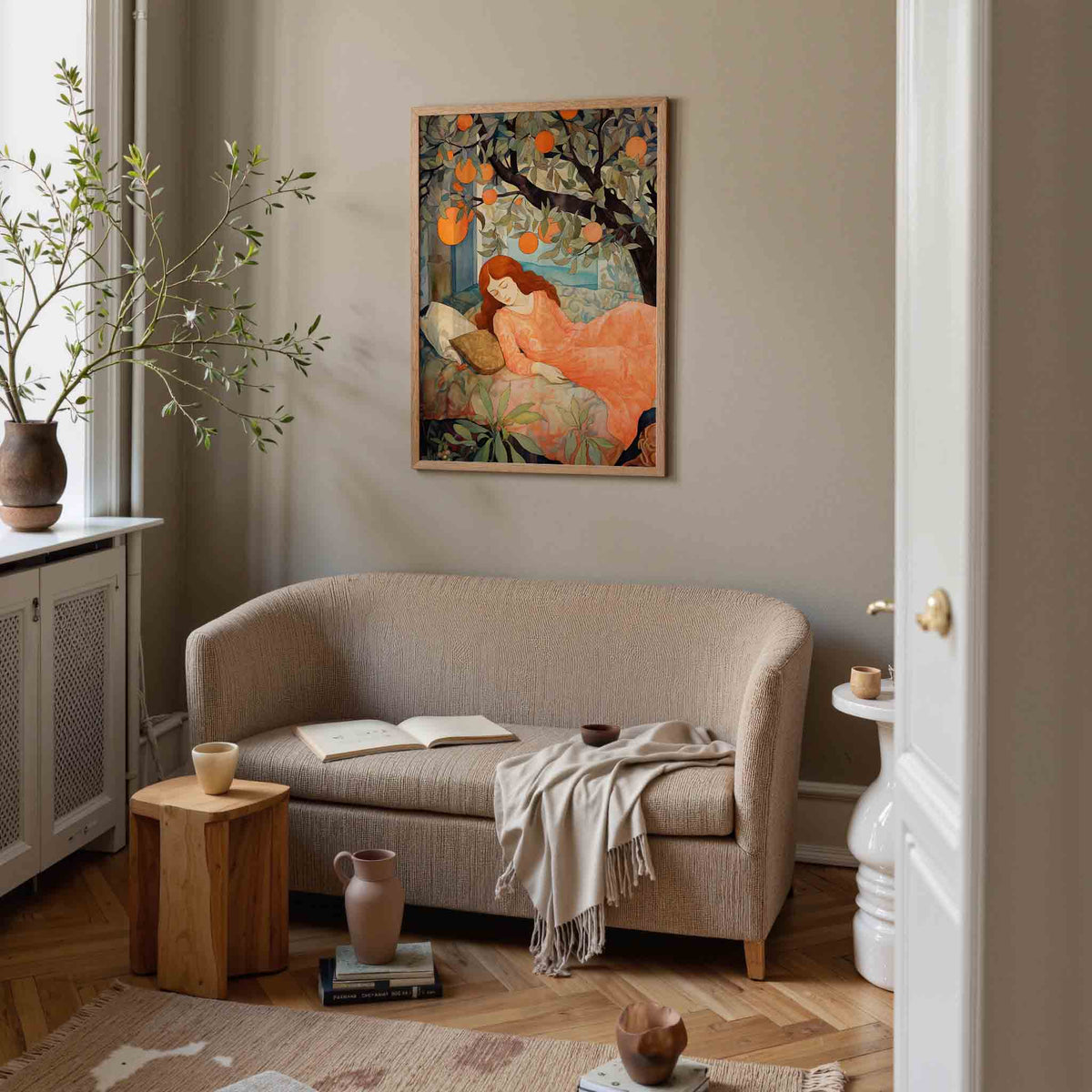 Slapende vrouw onder sinaasappelboom – botanische poster in staand formaat