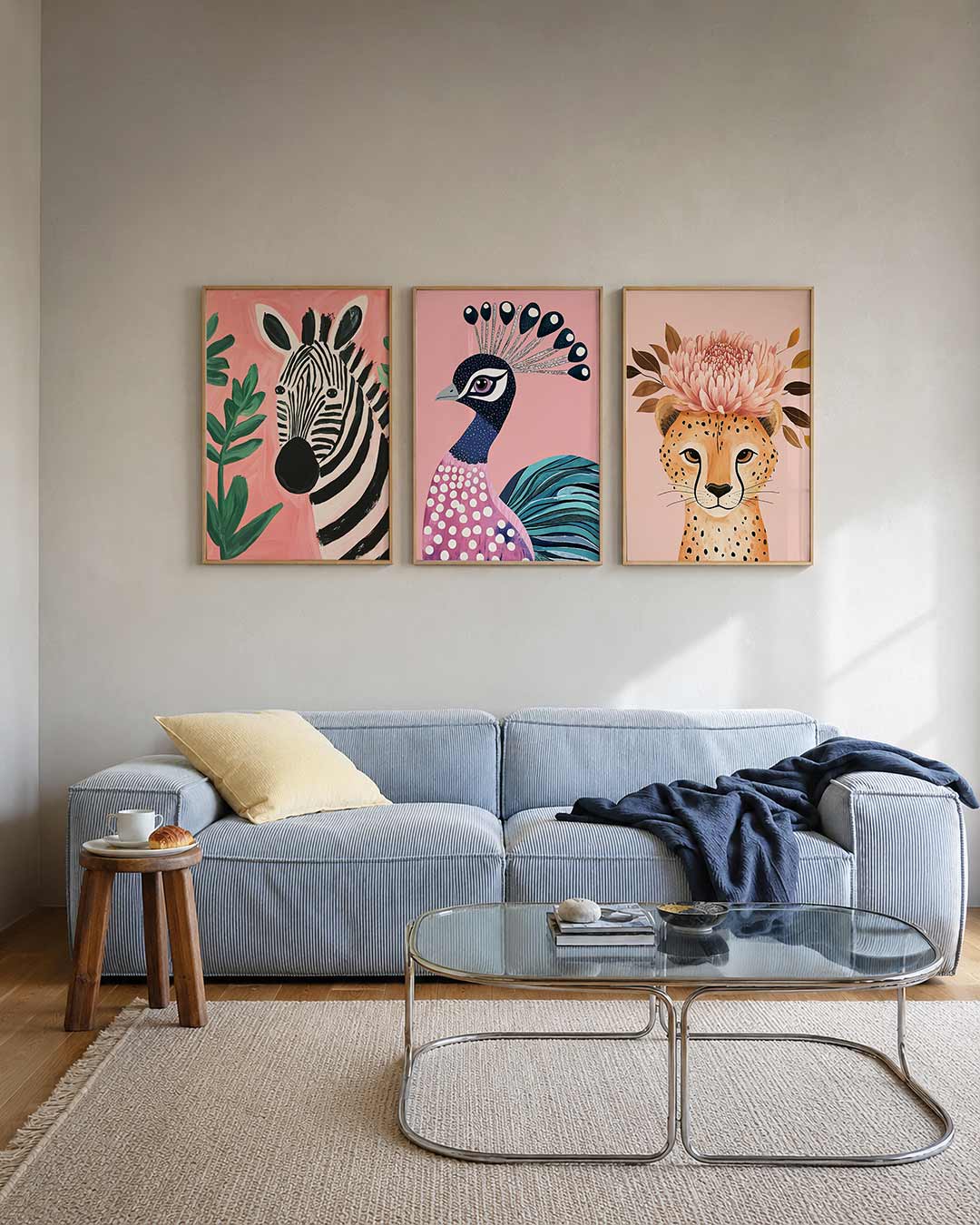 Zebra en bladeren posterset – tweede productweergave – een speelse zebra met zwarte strepen op een roze