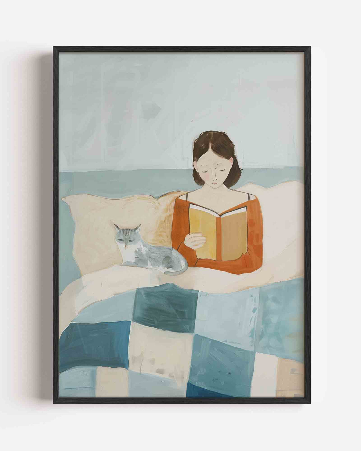 Lezende vrouw met kat – hedendaagse illustratie portret poster als wanddecoratie
