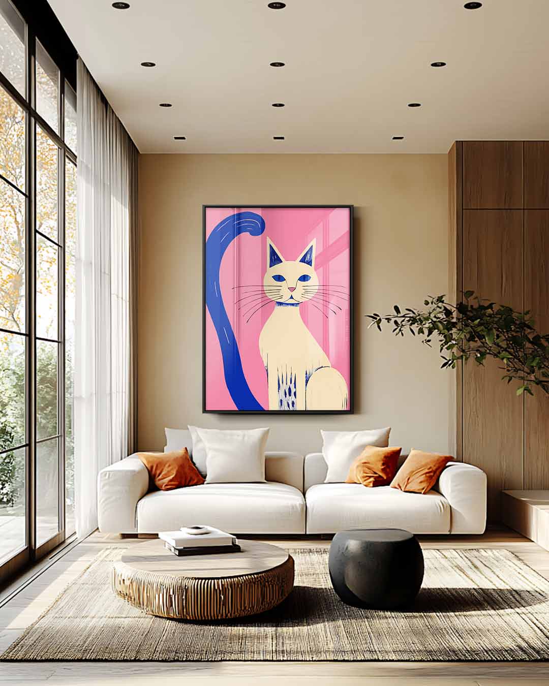 Kleurrijke Kat op Roze Achtergrond – modern portret kunstwerk van WallArtistic