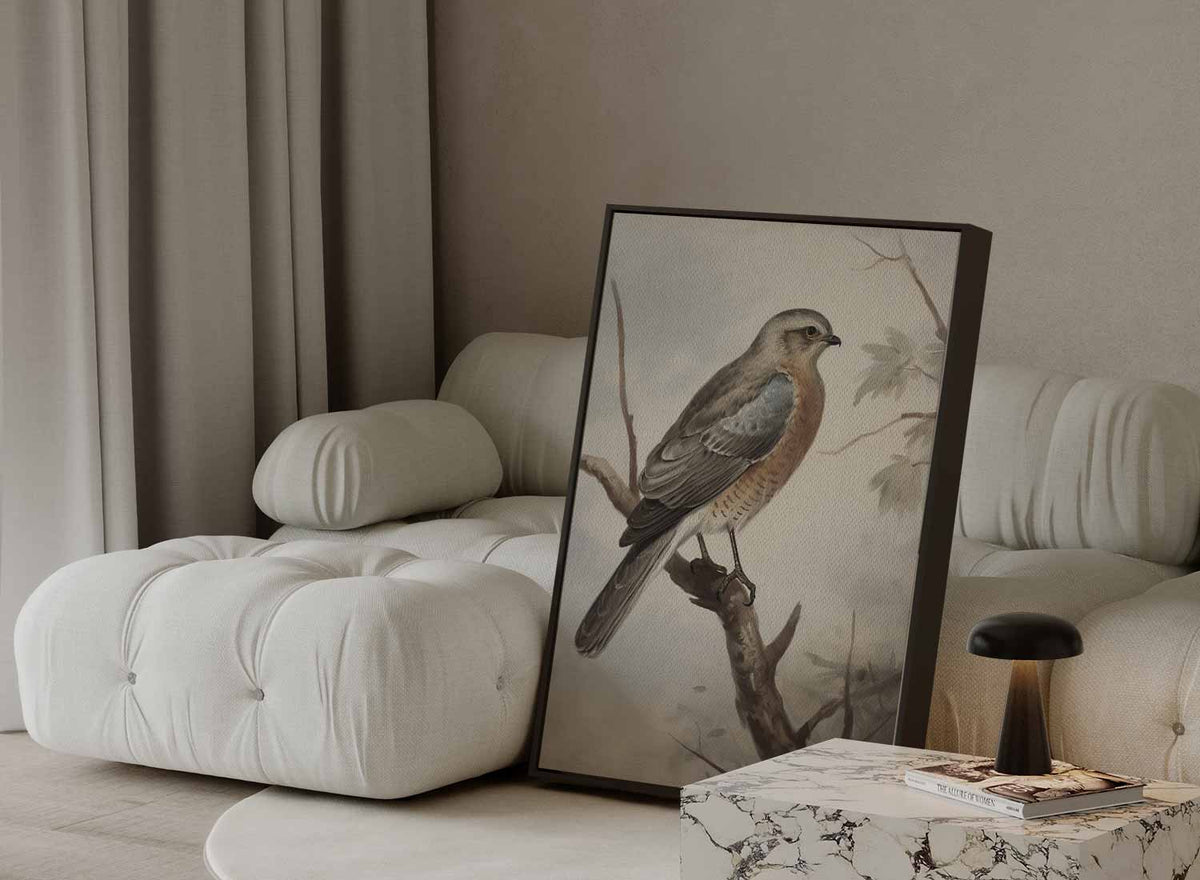 Vogelschilderij op tak – plexiglas wanddecoratie in portret formaat