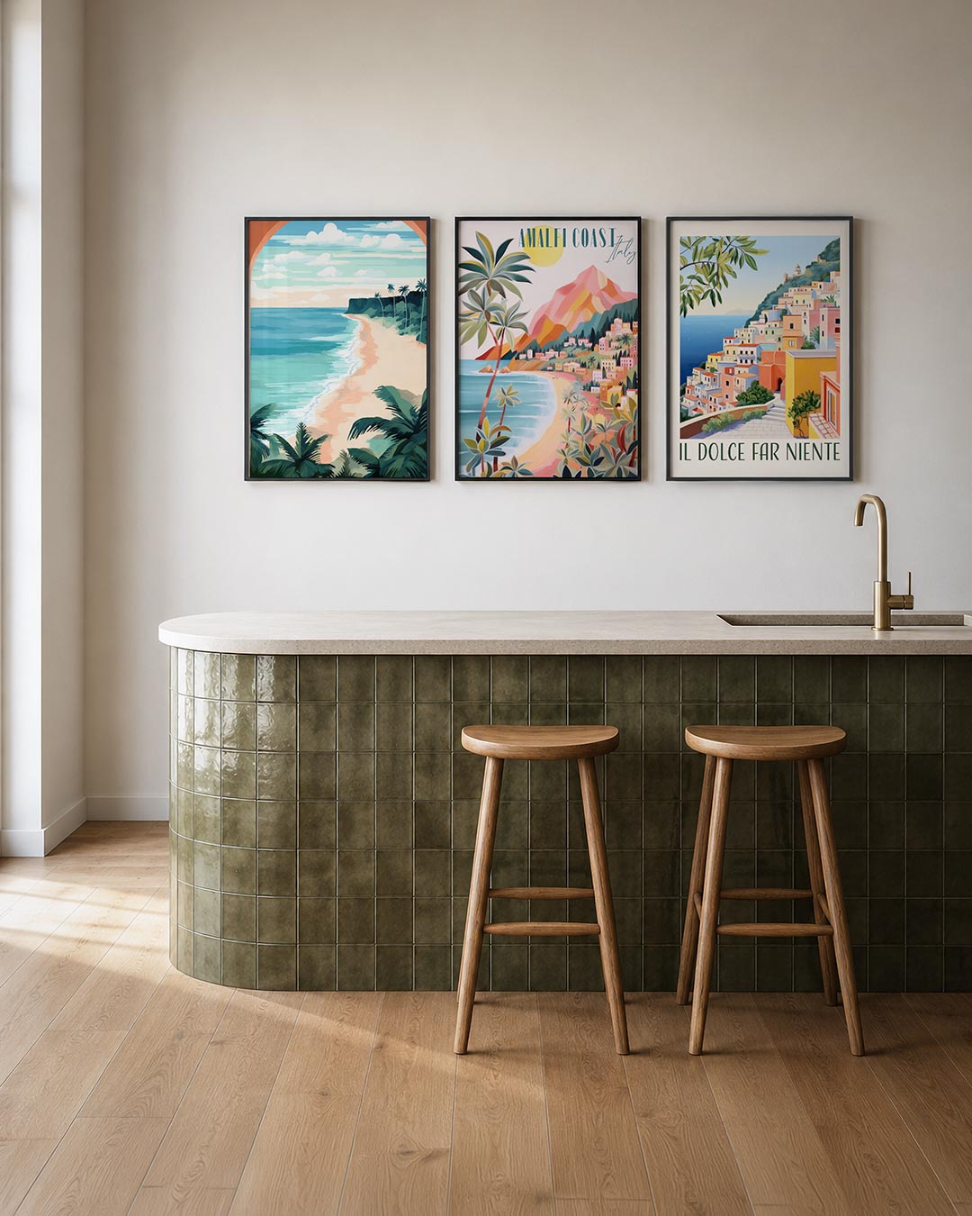 Zomerse kustlijn posterset – tweede productweergave – een serene kustlijn met golvende lijnen van zee en strand