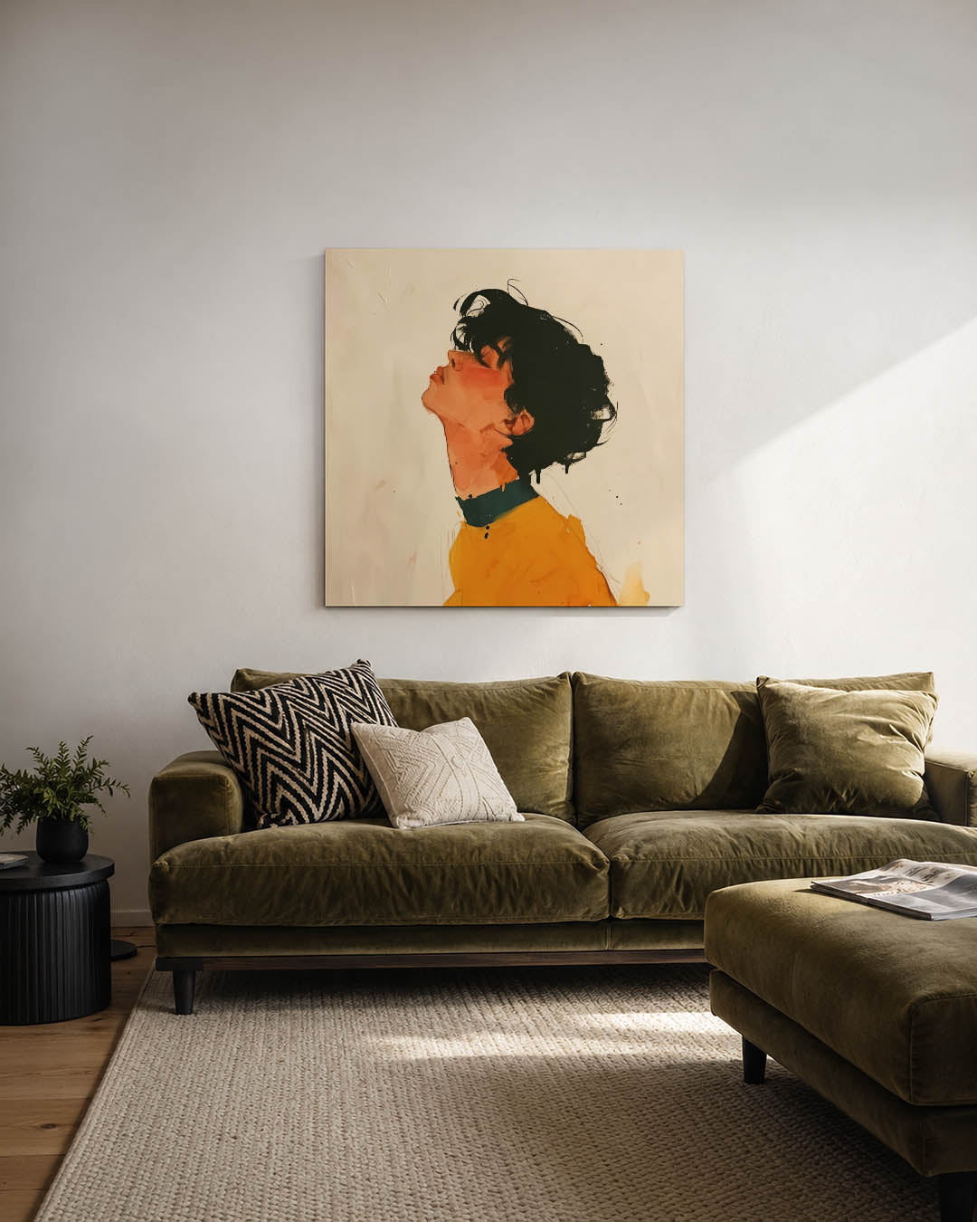 Portretstudie kunstwerk – derde productweergave – dit werk toont een zijaanzicht van een persoon met een expressieve houding.