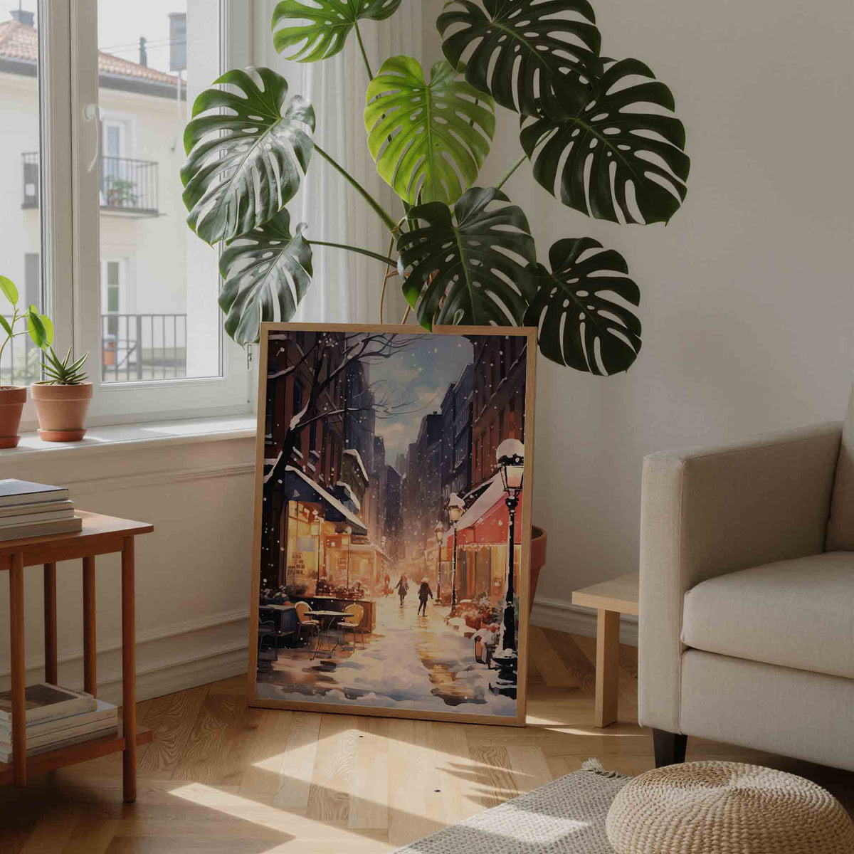 Winterse straat – feestelijke wandkunst als portret poster