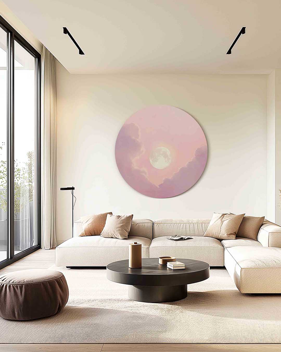 Maan en wolken – kleurrijke muurcirkel als ronde wanddecoratie