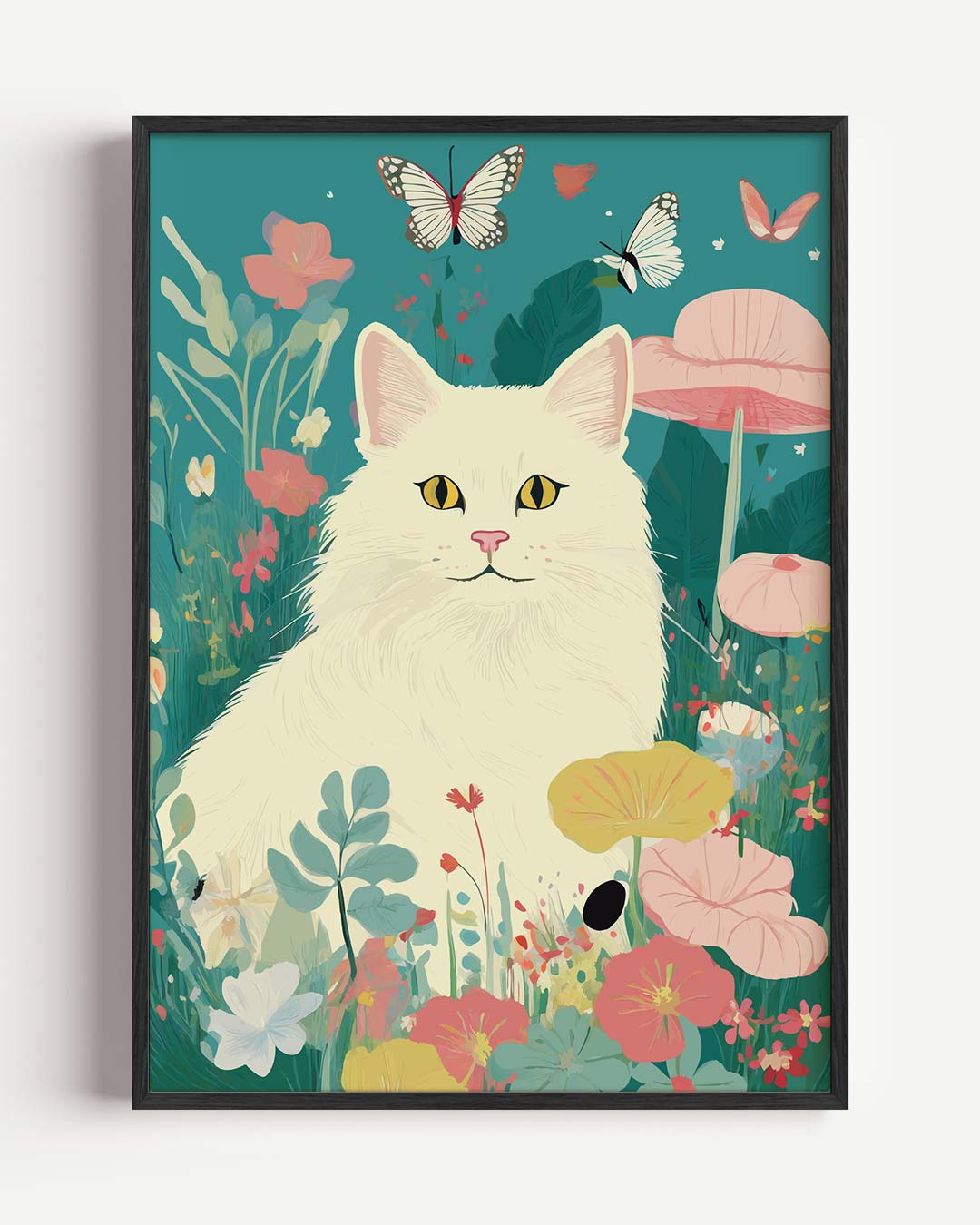 Dromerige Kat in Bloementuin – dieren portret poster als wanddecoratie