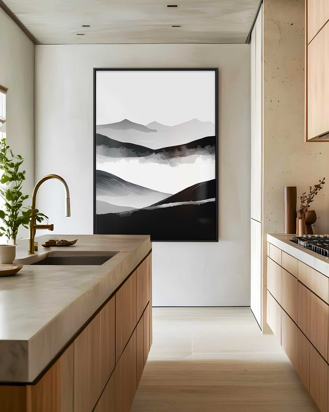 Sereen Landschap in Zwart & Wit – dibond wanddecoratie in staand formaat