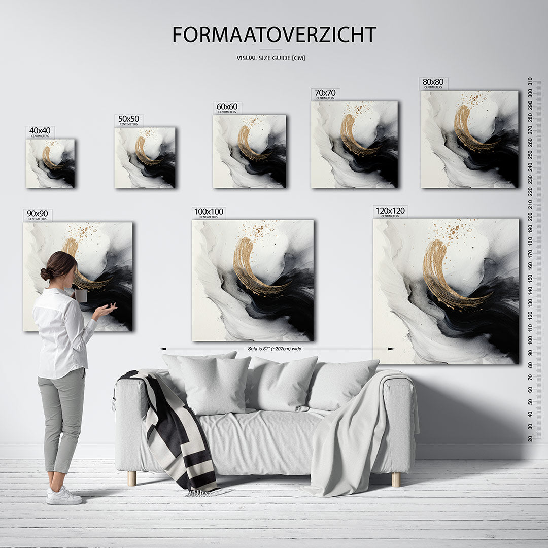 Dynamische vormen kunstwerk – materiaalweergave – dit werk toont vloeiende zwarte en witte lijnen met een gouden accent, die