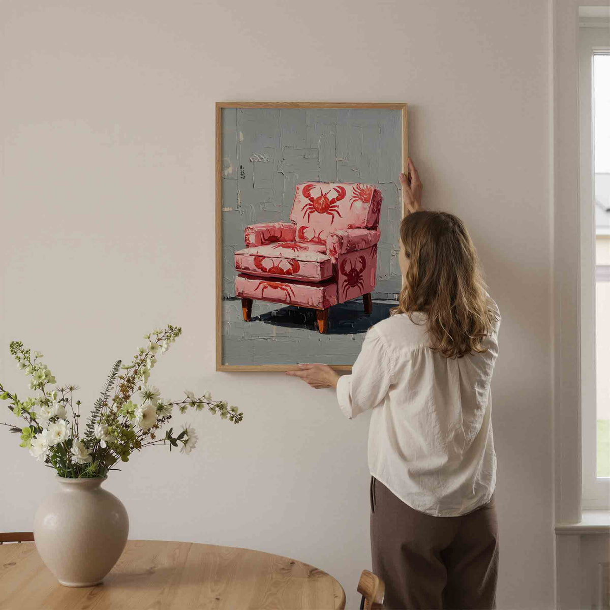 Roze stoel met krabben – dromerige illustratie als portret poster
