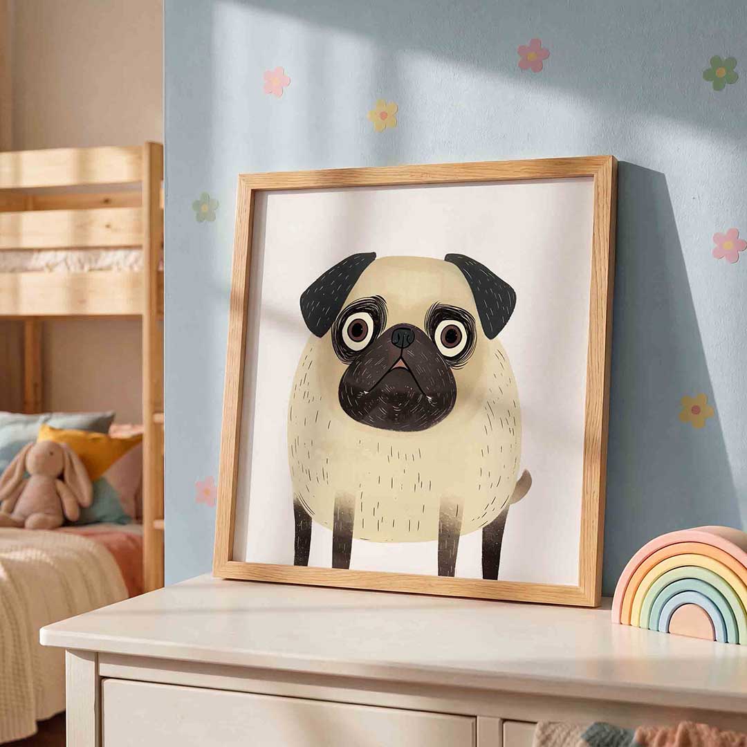 Mopshond – speelse wandkunst als vierkante kinderposter