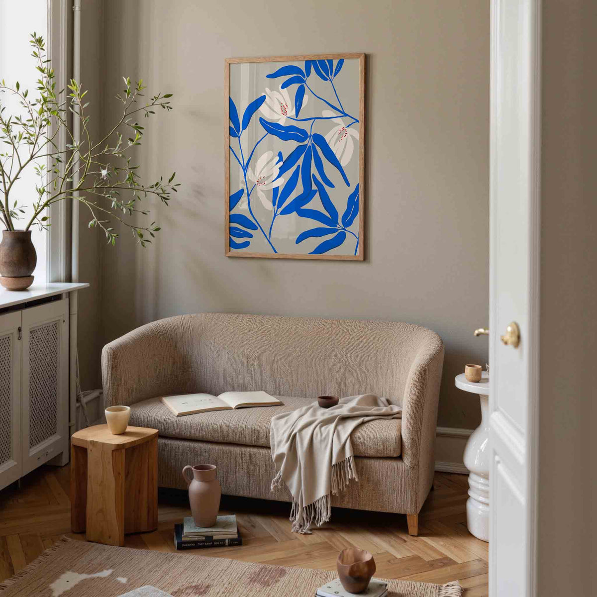 Blauwe bladeren en bloemen – rustige poster in staand formaat