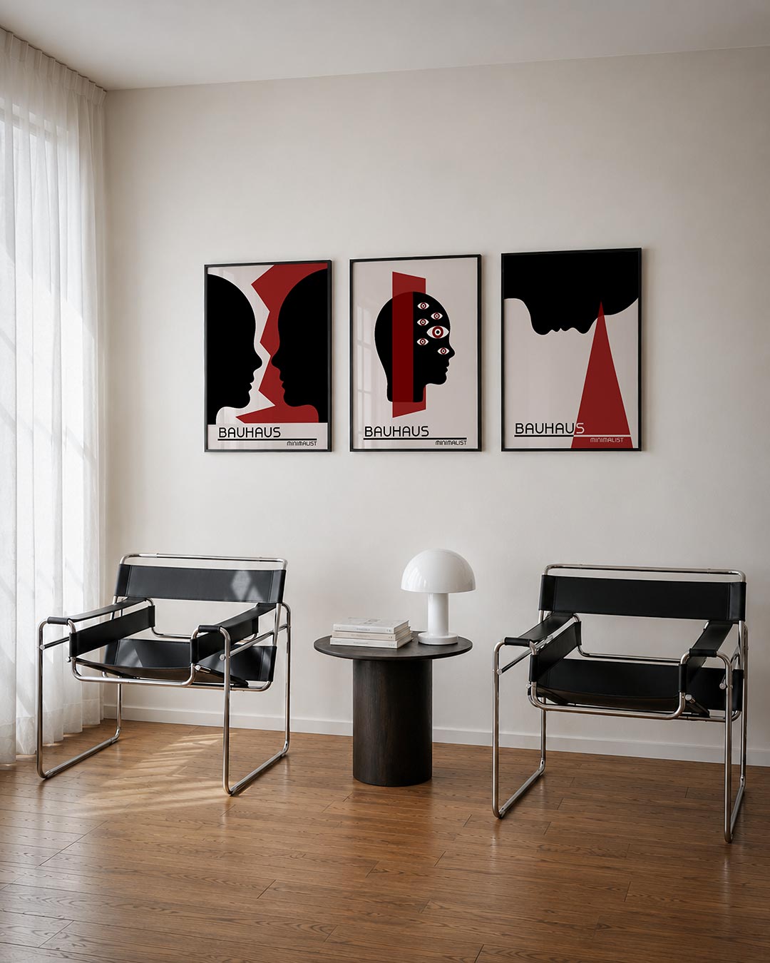Vorm en kleur driedelige posterset – twee silhouetten in zwart omlijnd door een speelse rode zigzaglijn. De achtergrond is