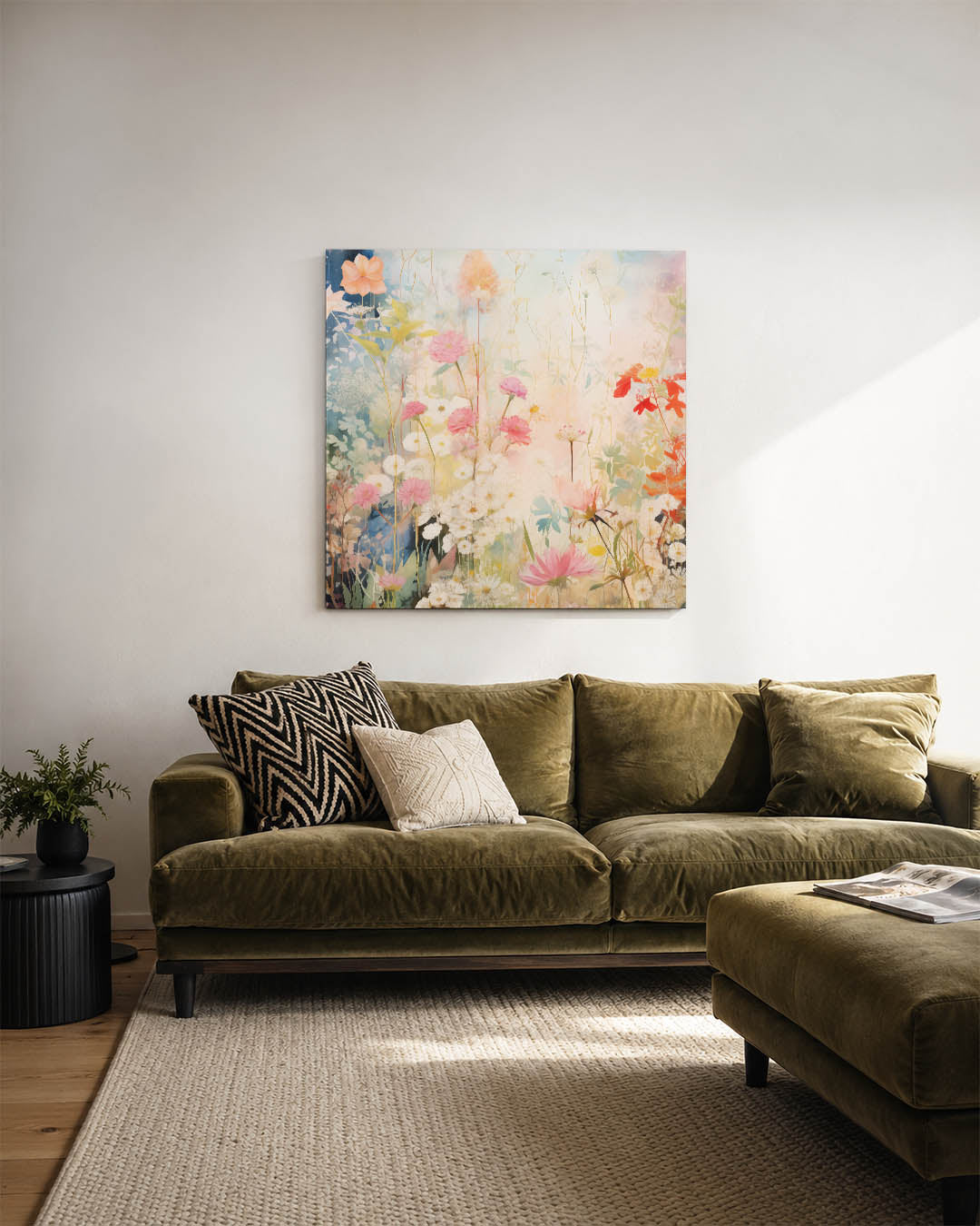 Bloemenpracht kunstwerk – sfeerbeeld – dit kunstwerk toont een weelderige verzameling bloemen in zachte tinten, met een