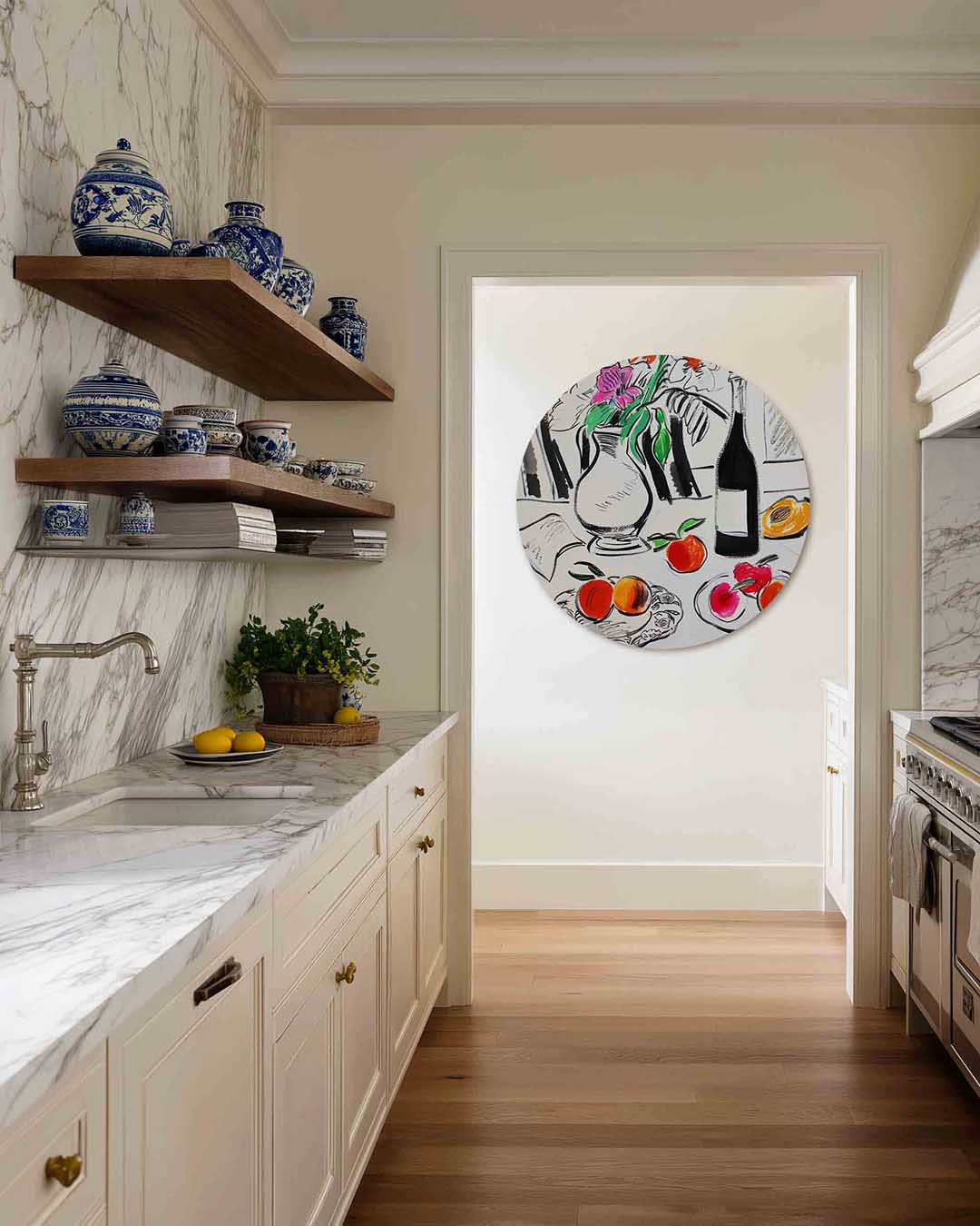 Stilleven met fruit en bloemen – moderne abstracte muurcirkel voor aan de muur