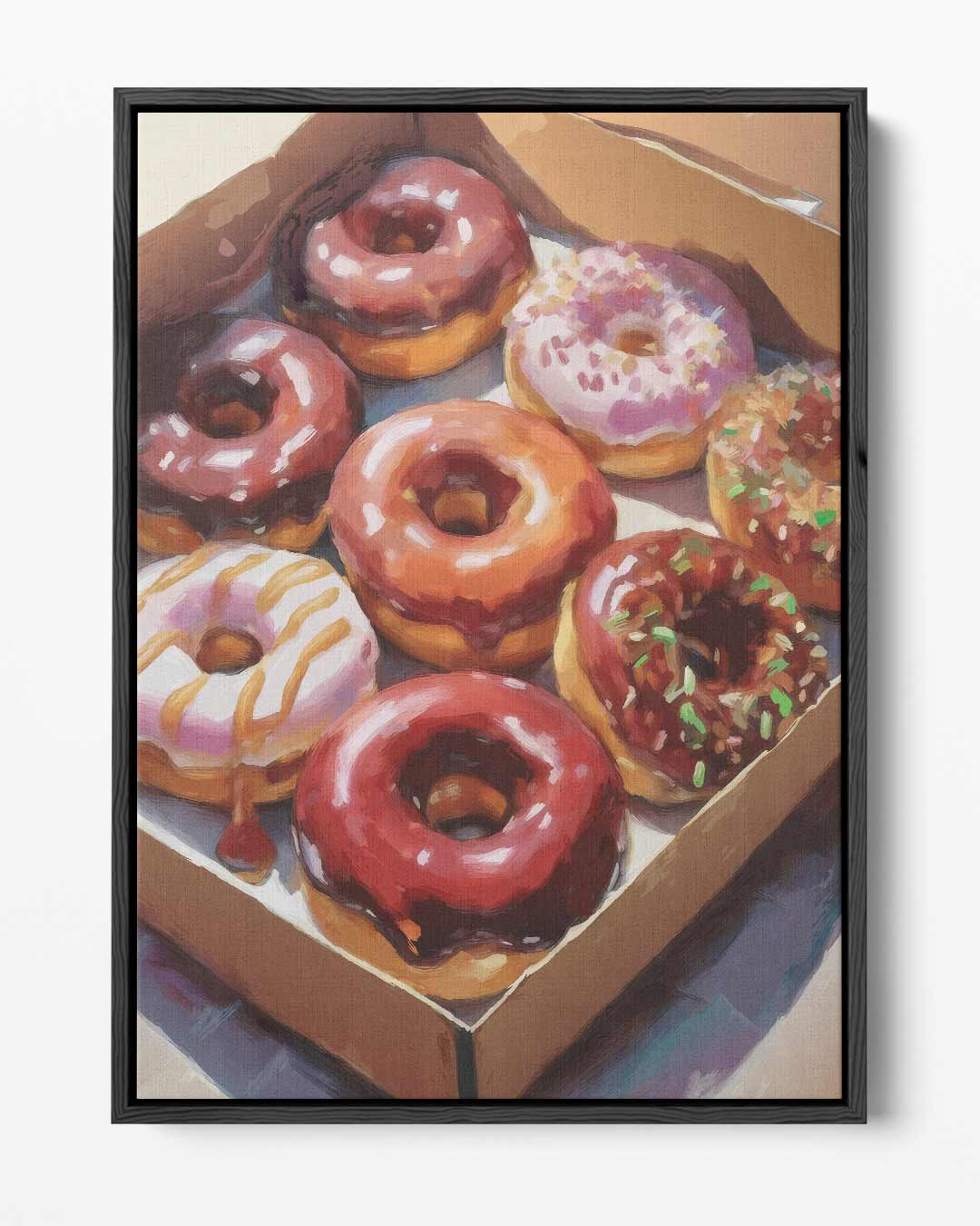 Donut Delight in Kleurrijke Doos – portret kunstwerk als wanddecoratie