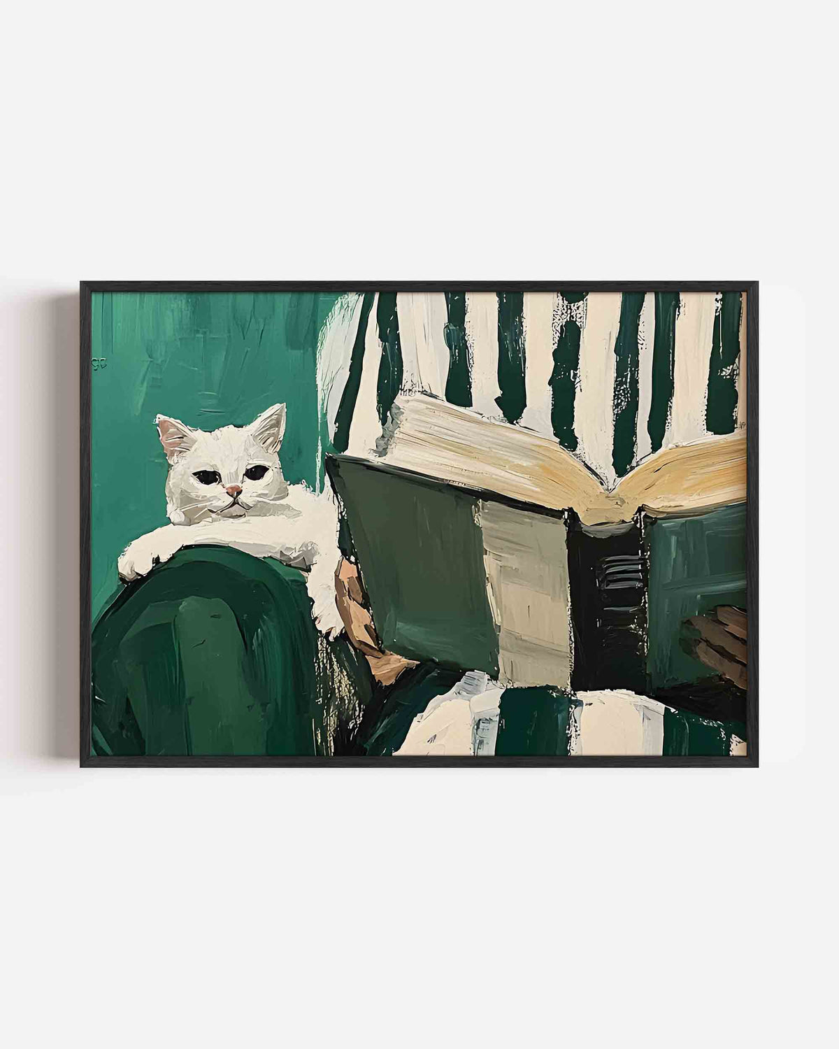 Witte kat en boek – hedendaagse illustratie poster in landscape formaat