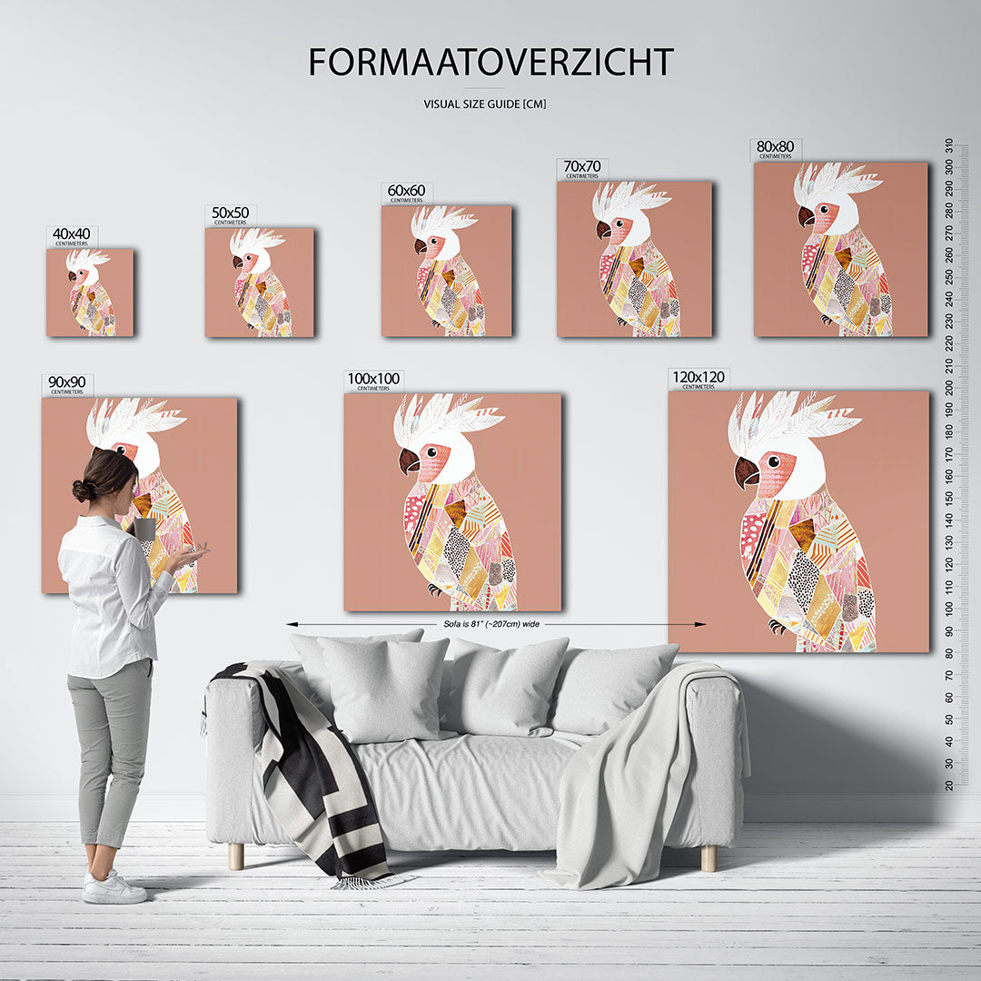 Vrolijke vogel collage kunstwerk – dit kunstwerk toont een kleurrijke vogel met een mozaïek van patronen en vormen. De
