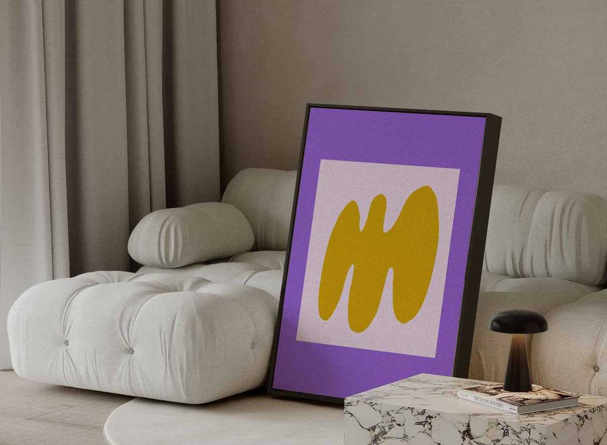 Abstracte Gele Golf op Paarse Achtergrond – canvas kunstwerk als wanddecoratie