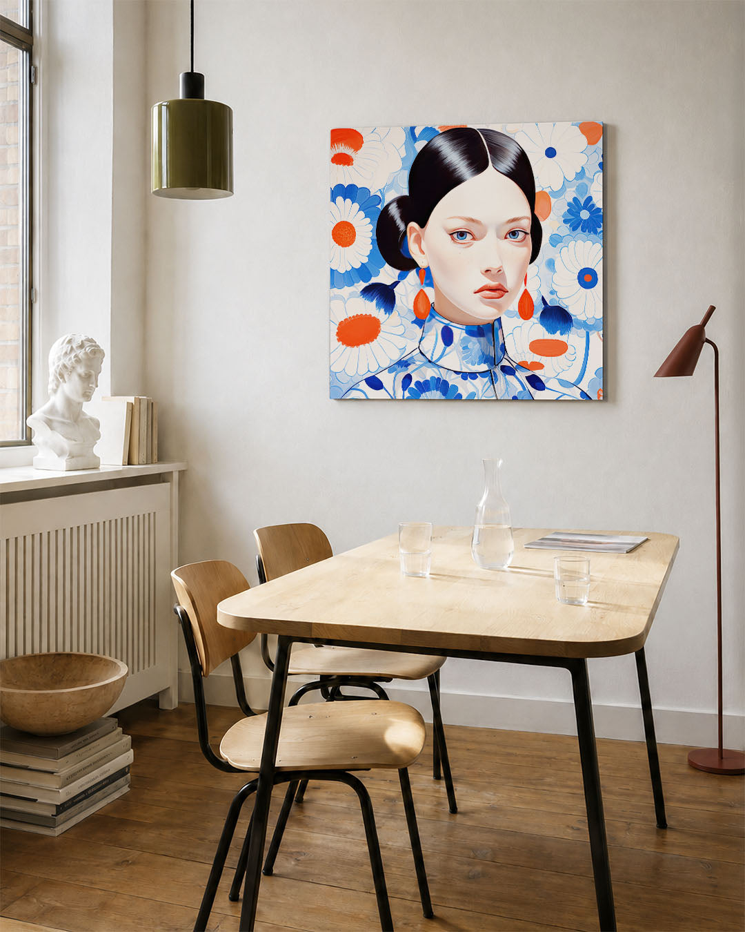 Vrouwelijk portret bloemen kunstwerk – vierkante wanddecoratie – dit kunstwerk toont een vrouwelijk portret met een