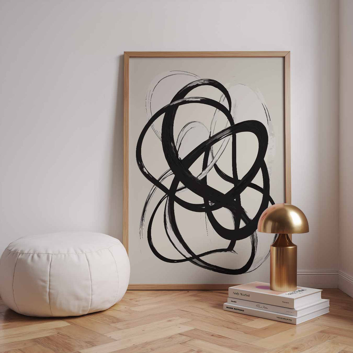 Abstracte Zwart-Witte Kringellijnen – staande kleurrijke abstracte wanddecoratie van WallArtistic