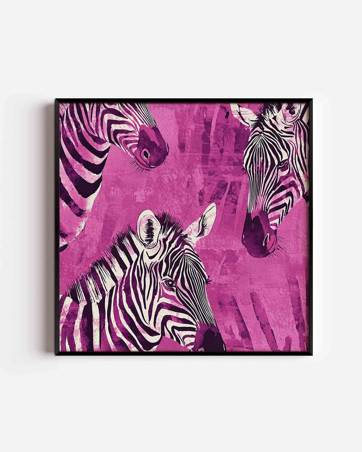 Zebra's op roze – vierkante dierenposter als wanddecoratie