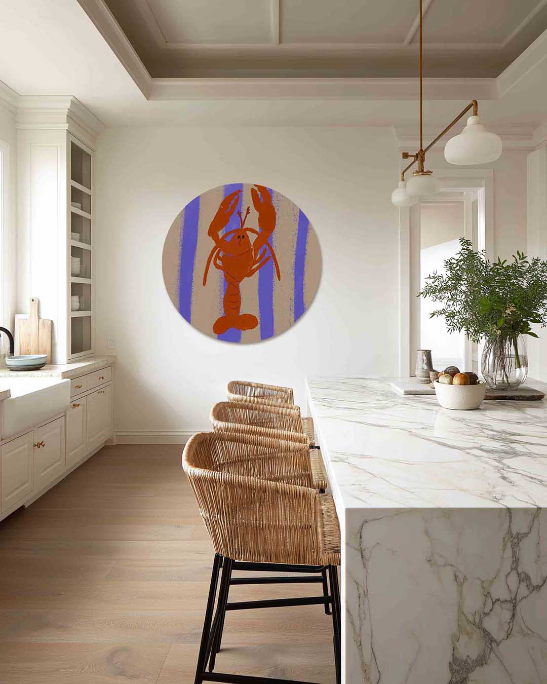 Oranje kreeft – abstracte muurcirkel als ronde wanddecoratie