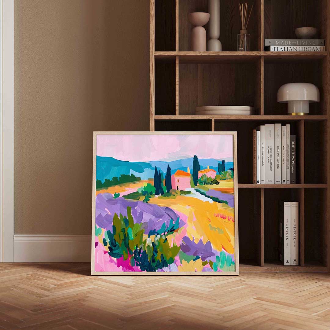 Landschap met lavendel – kleurrijke vierkante wanddecoratie van WallArtistic