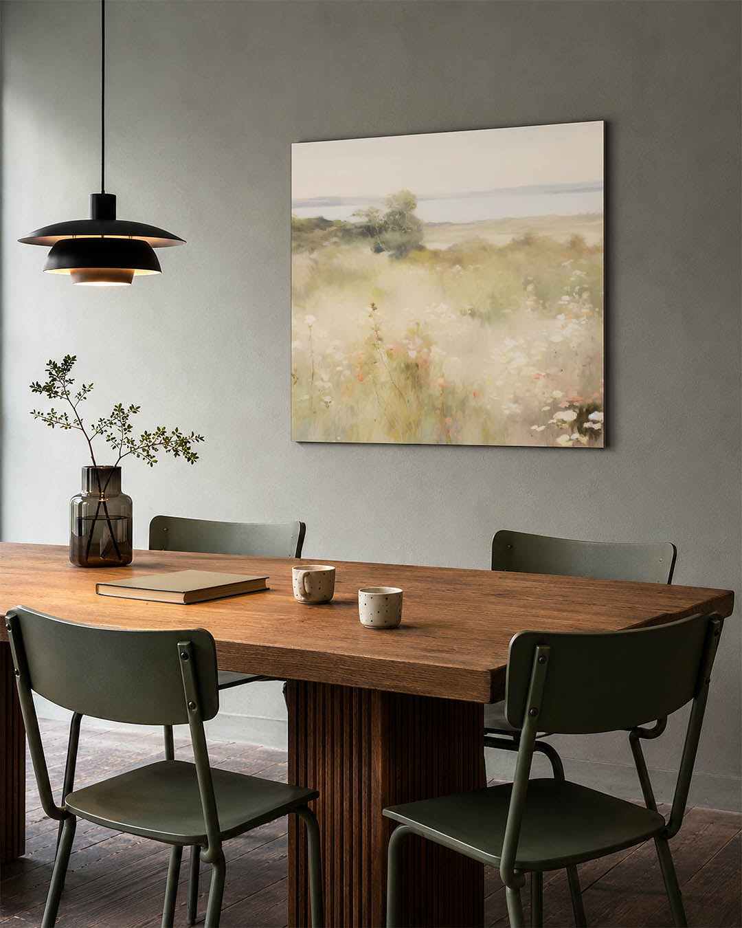 Dromerige bloemenweide kunstwerk – tweede productweergave – dit kunstwerk toont een zachte, wazige weergave van een