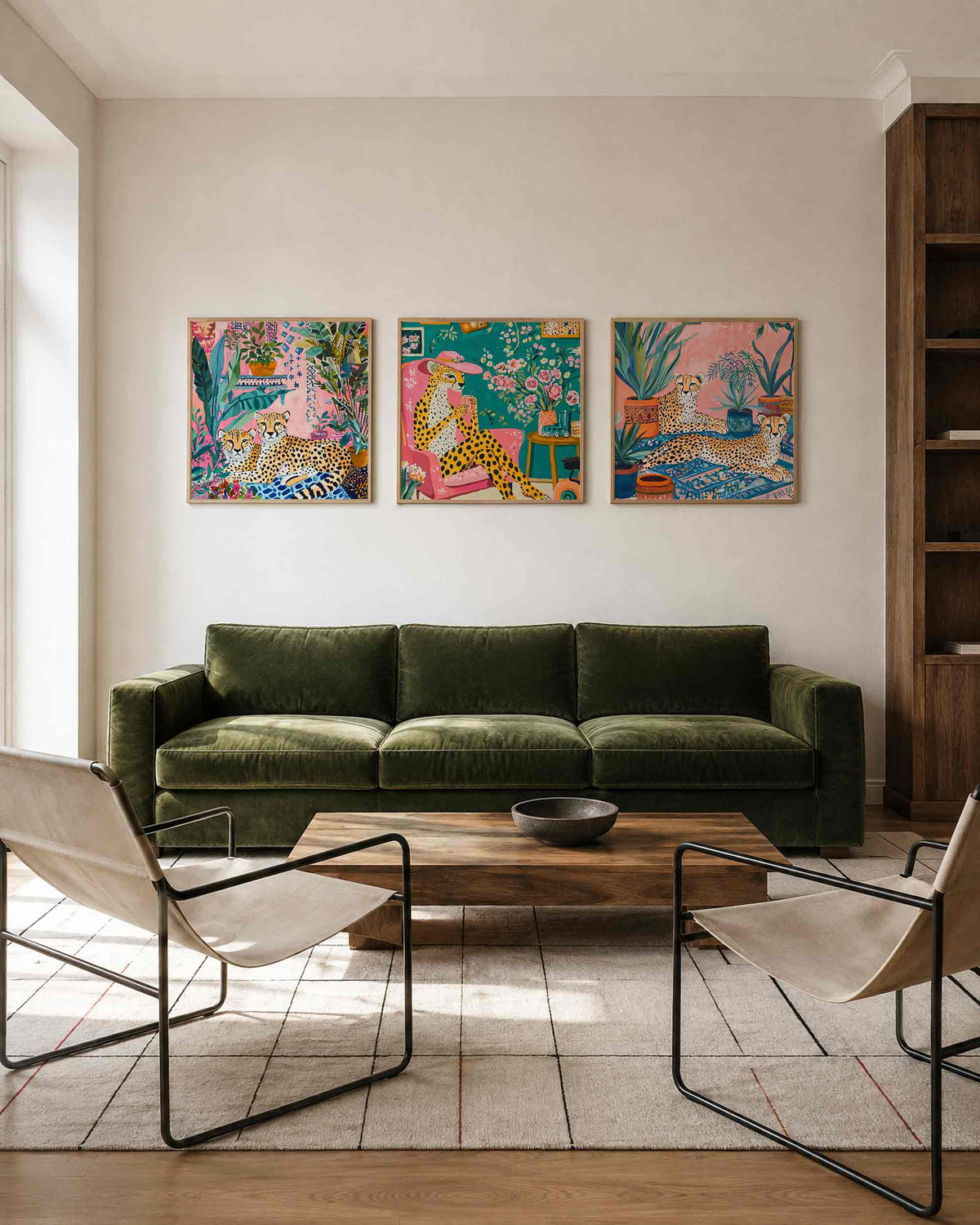 Interieurpresentatie van een driedelige vierkante posterset met geposeerde jachtluipaarden