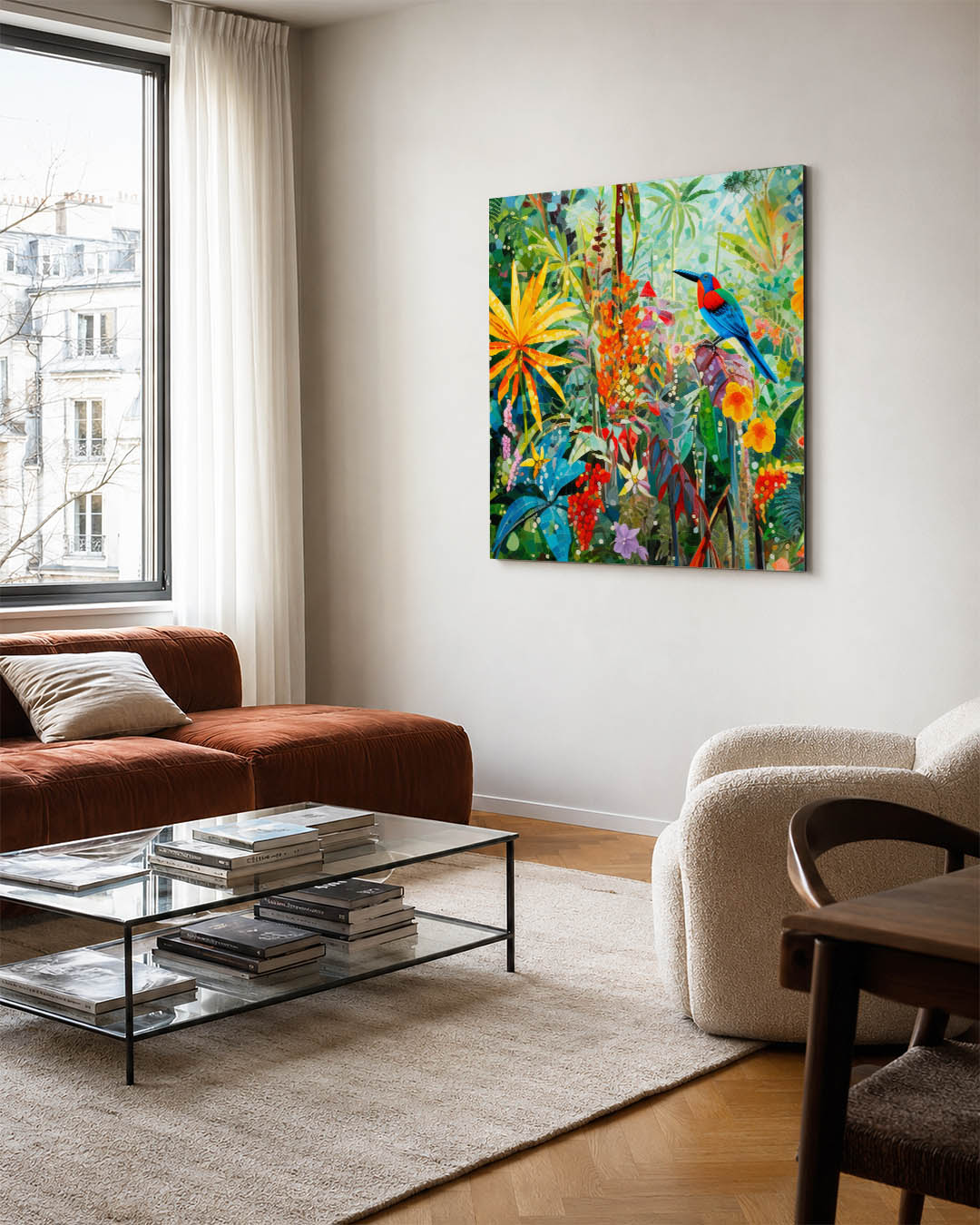Vrolijke jungle scène kunstwerk – vierkante wanddecoratie – dit kunstwerk toont een kleurrijke jungle met een levendige vogel