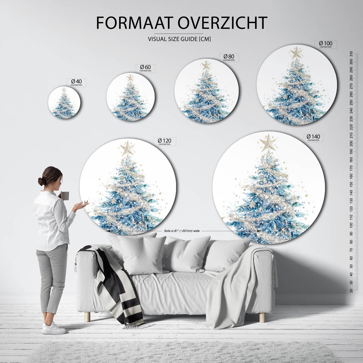 Kerstboom met ster Muurcirkel – extra productweergave – Een kerstboom met blauwe en groene tinten, versierd met gouden