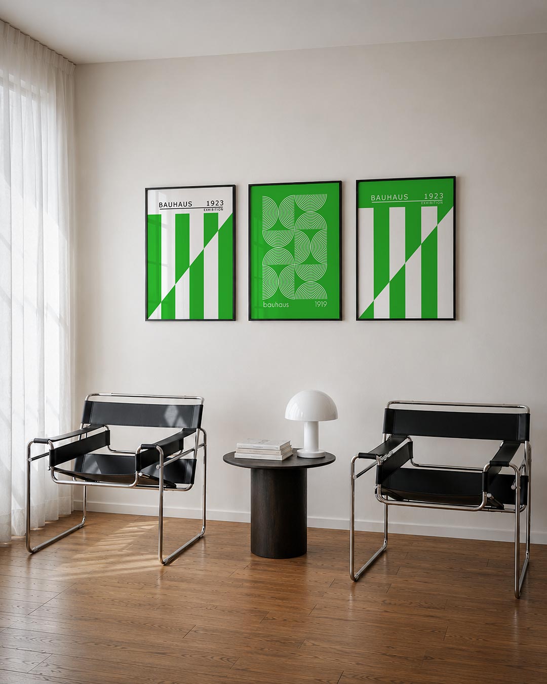 Groene lijnenspel posterset – tweede productweergave – deze posterset in drie delen toont een levendig spel van groene en