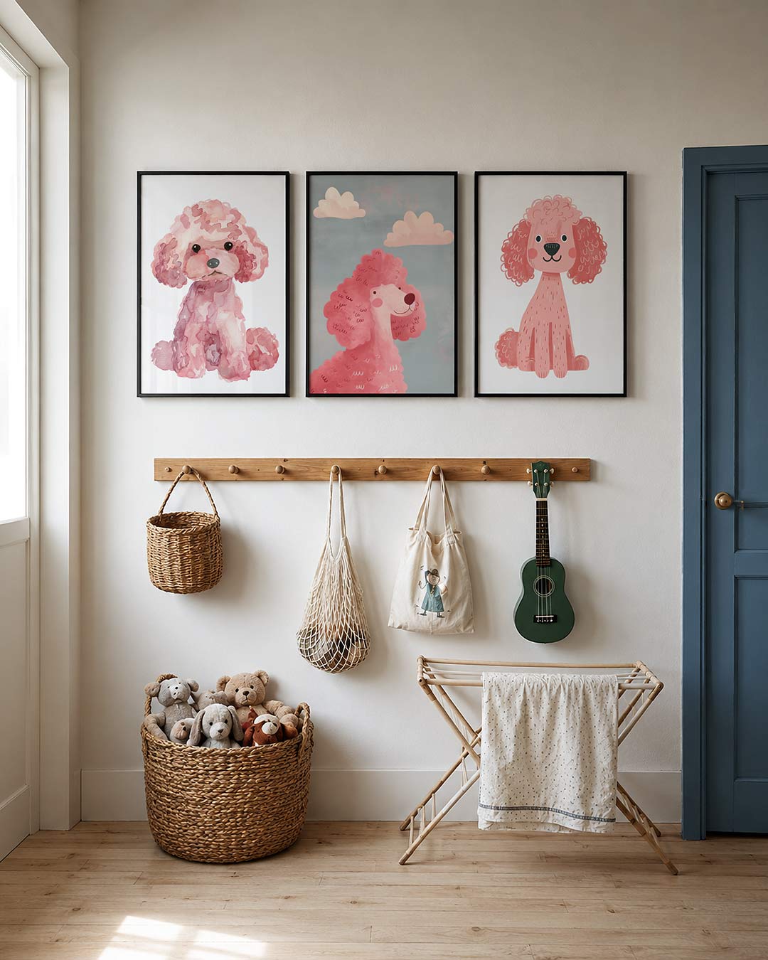 Vrolijke hond posterset – detailweergave – een speelse illustratie van een roze hond met krullend haar