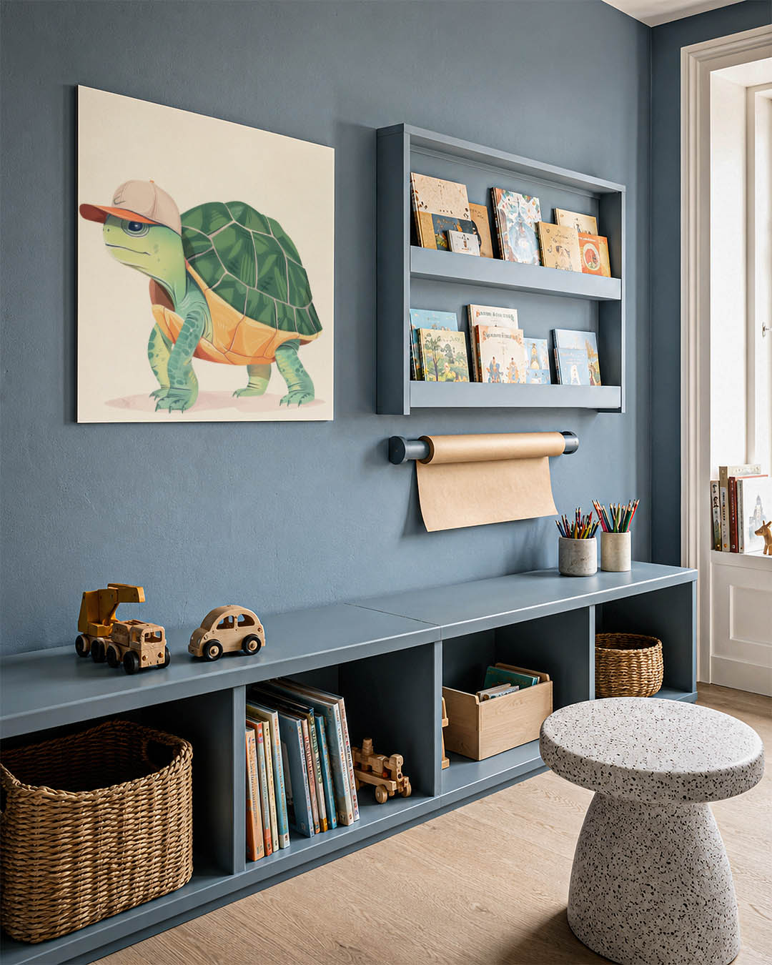 Speelse schildpad illustratie kunstwerk – detailweergave – dit werk toont een speelse schildpad met een pet, omlijst door