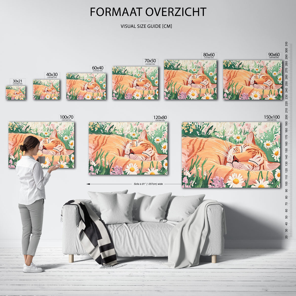 Slapende kat in bloemen – liggende muurposter met dierenthema