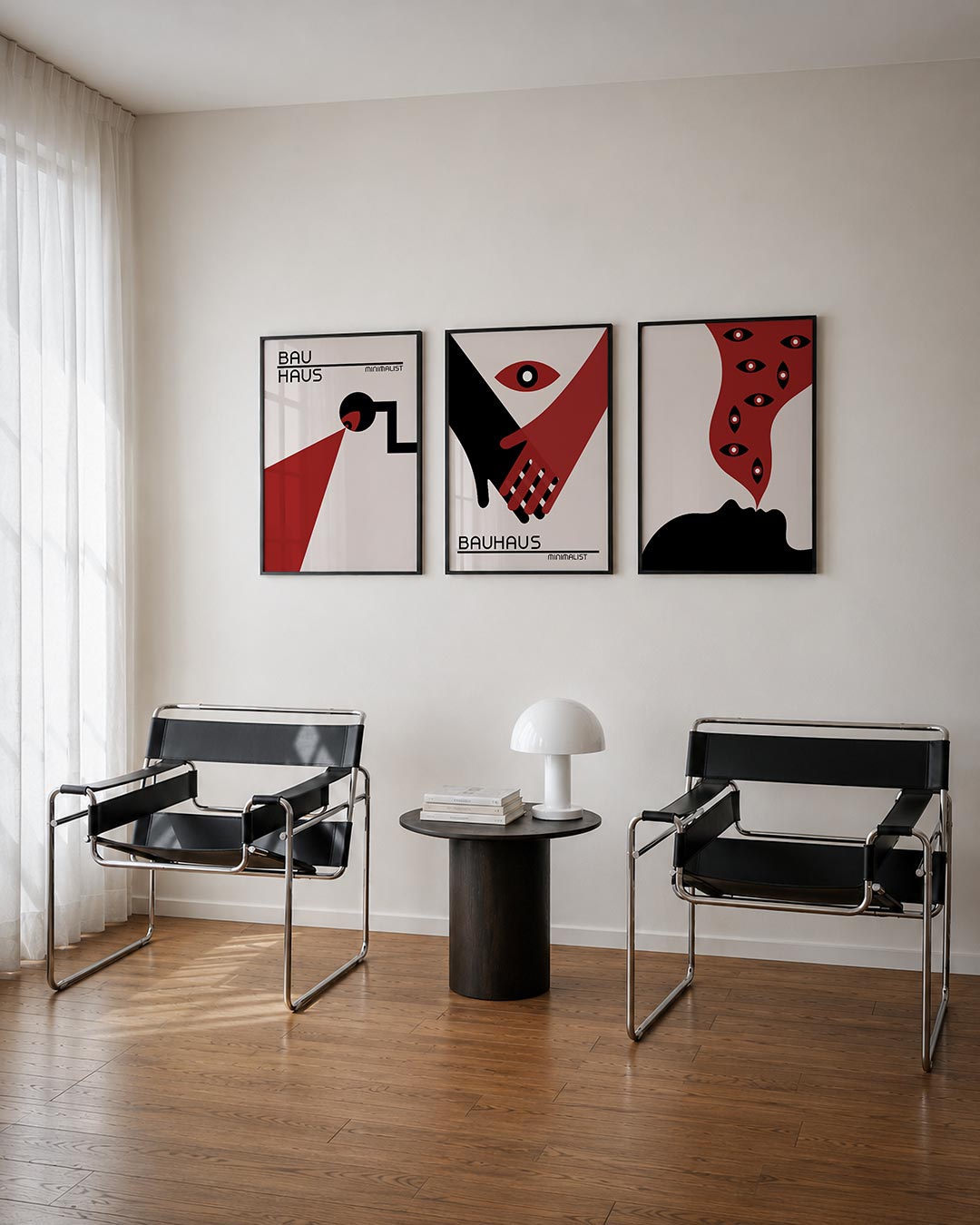 Vormen en vlakken driedelige posterset – deze posterset in drie delen toont een spel van zwarte en rode vormen op een lichte