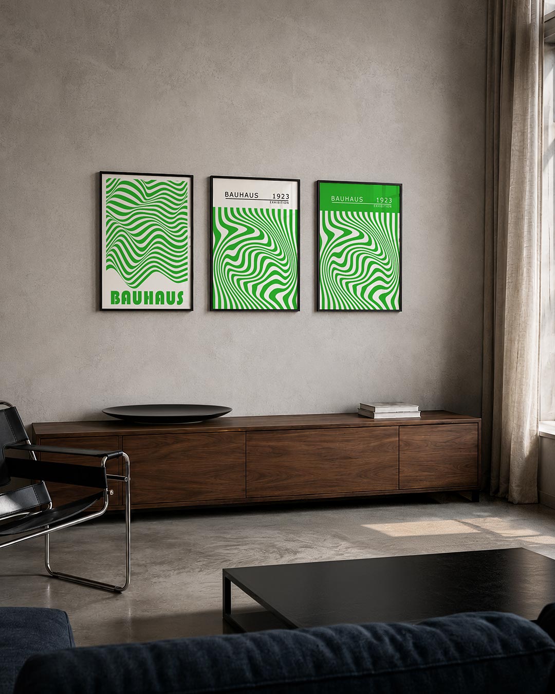 Golvend lijnenspel driedelige posterset – deze posterset in drie delen toont groene golvende lijnen die ritmisch over een