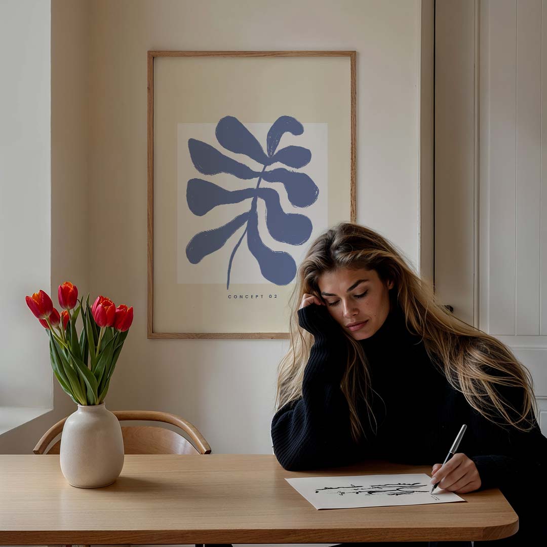 Abstracte Blauwe Bladkunst – bloemen poster in staand formaat