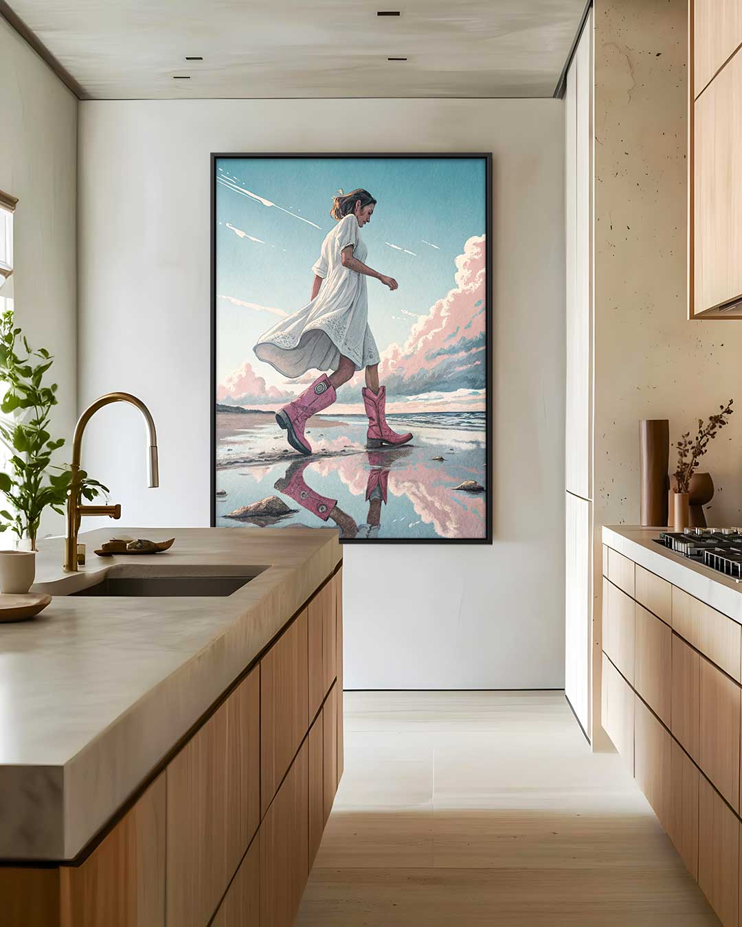 Stijlvolle Wandeling aan de Kust – canvas wanddecoratie in portret formaat