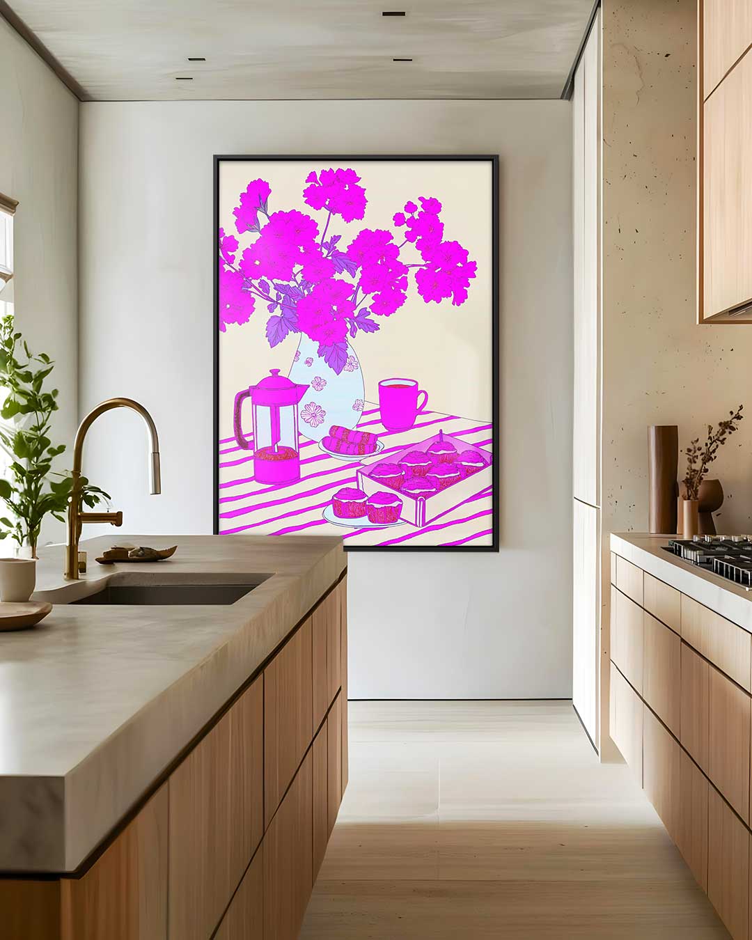 Bloemen en Gebak op Zonnige Ochtend – staand kunstwerk voor modern interieur