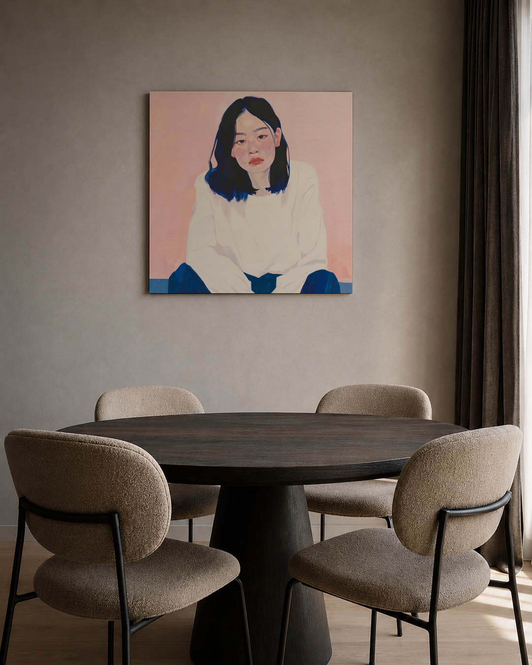 Portretstudie kunstwerk – tweede productweergave – dit werk toont een portret tegen een zachte achtergrond. De combinatie van