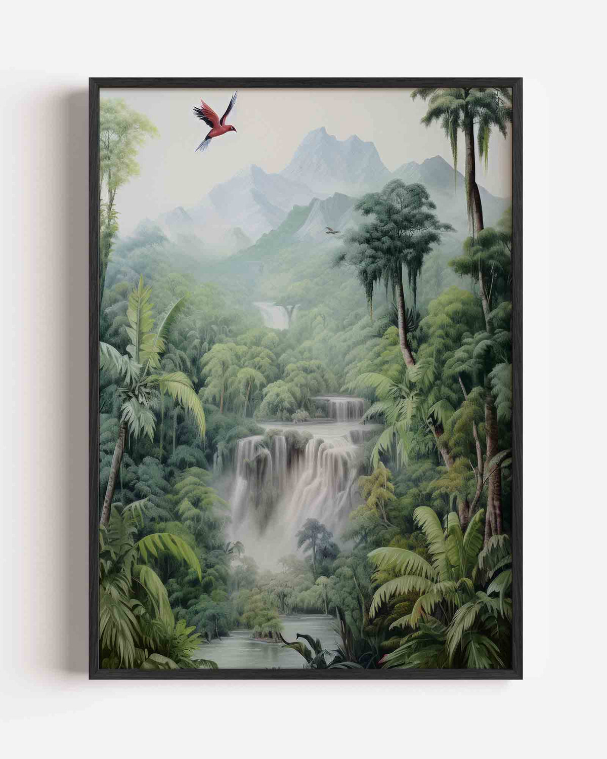 Vogel en waterval – jungle portret poster als wanddecoratie