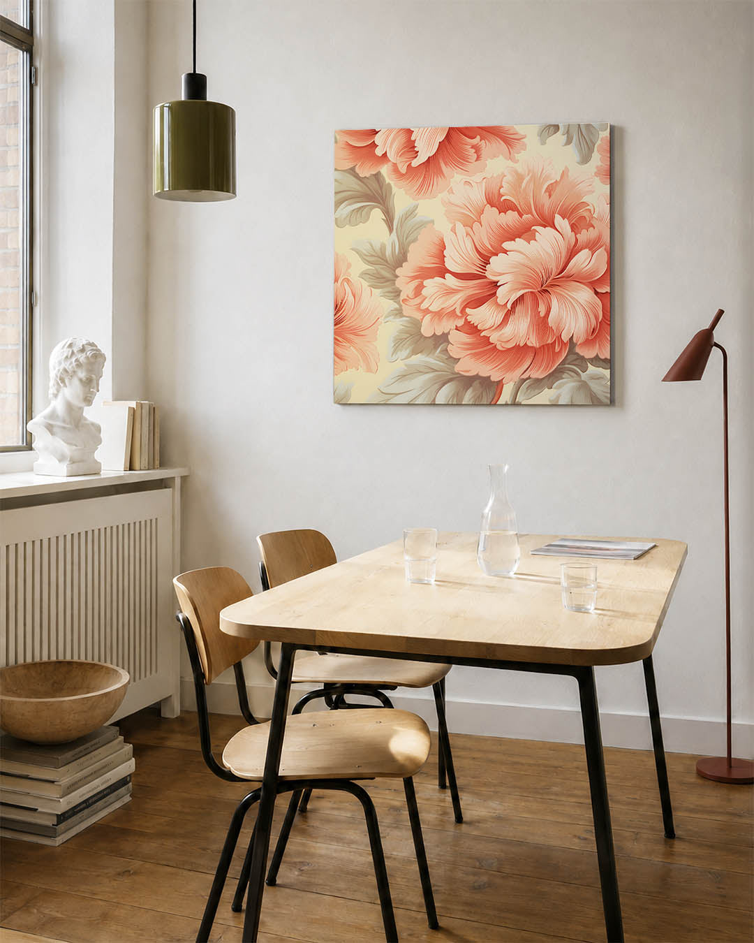 Bloemrijke compositie kunstwerk – detailweergave – dit kunstwerk toont grote, gedetailleerde bloemen in warme tinten, omlijst