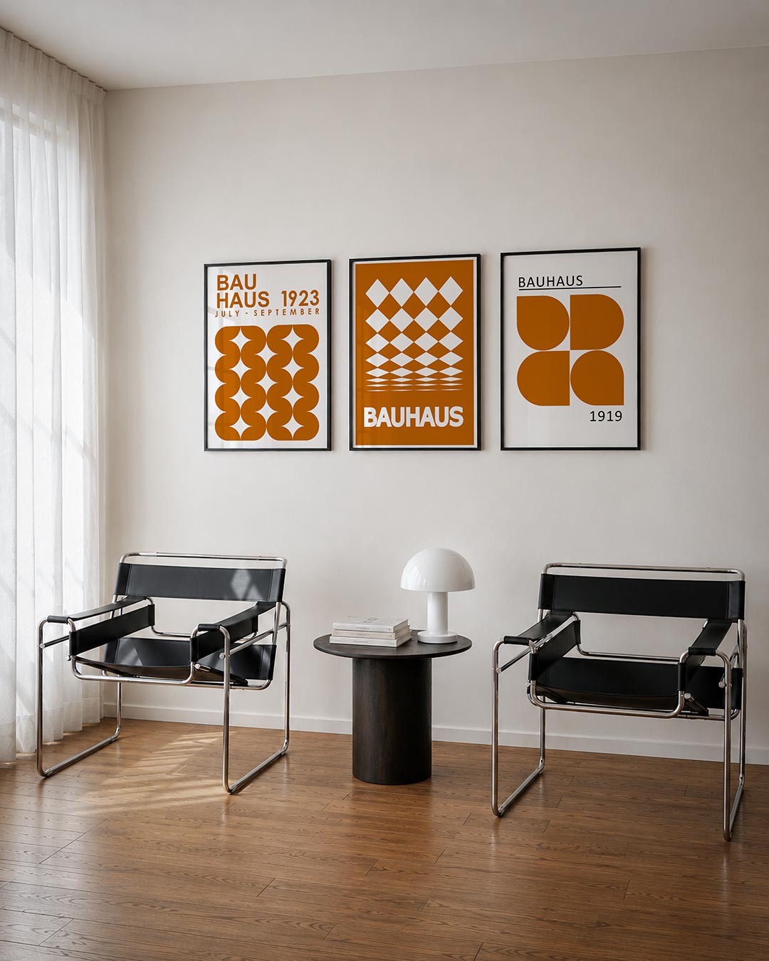 Vorm en ritme driedelige posterset – deze posterset in drie delen toont een speels lijnenspel van oranje halve cirkels die