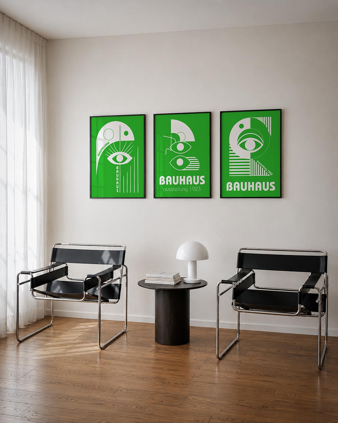 Oog en lijnen posterset – tweede productweergave – een groene achtergrond met een wit oog centraal. Rechte en gebogen lijnen