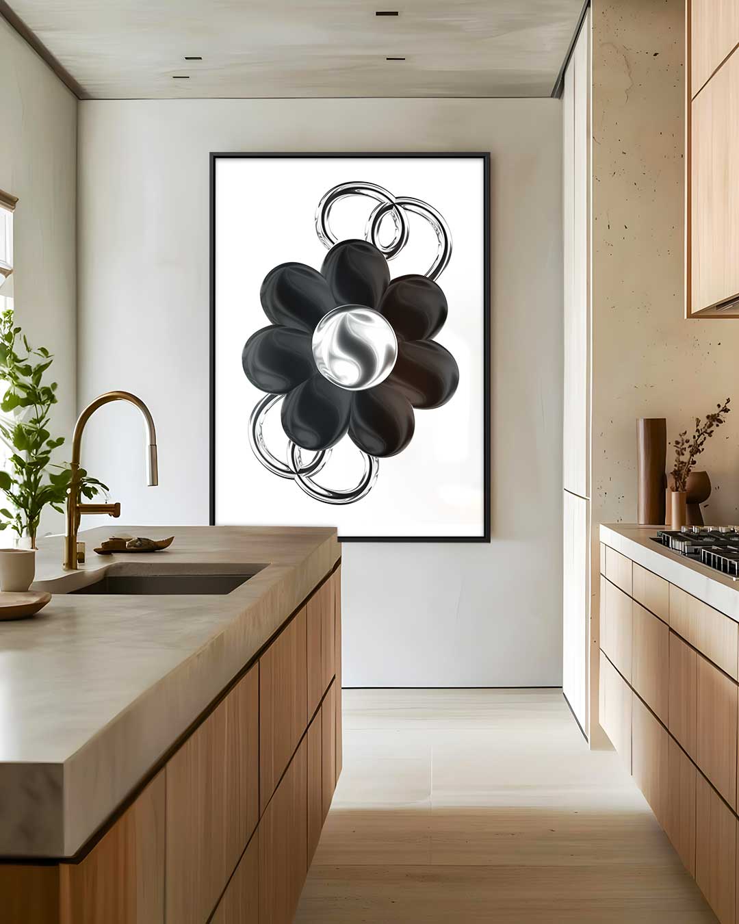 Bloem in Zilver en Zwart – dibond wanddecoratie in staand formaat